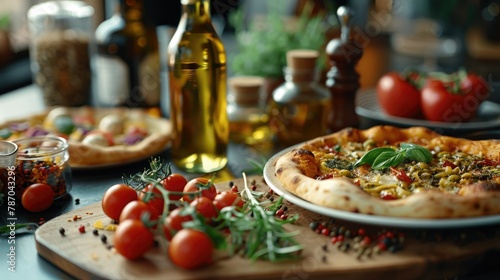 A bottle of olive oil with a bowl of pasta, pizza, Hummus and Roasted Veggies. Generative AI.