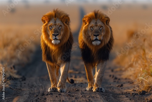 Two Masai lions  big cats from the Felidae family  stroll through the grasslands of the natural landscape. They are carnivores  on the lookout for prey like a fawn