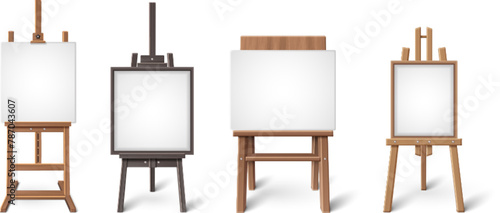 Wood easel with blank frame board vector mockup. Isolated painting tripod with white paper poster for gallery or exhibition. 3d picture display in studio for artist. Creative drawing presentation set