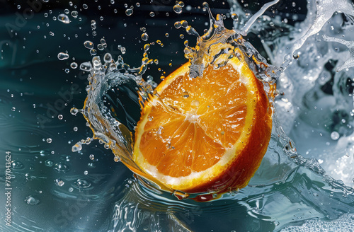 Picture a scene where a halfcut orange meets the surface of clear water  capturing the intricate details of the splash as it unfolds in a highspeed spectacle