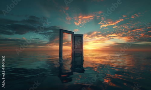 floating open door over a calm sea, Generative AI