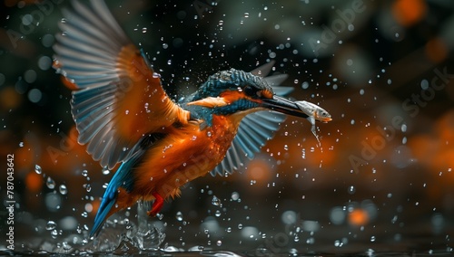 A bird with electric blue feathers is captured in a macro photography event, flying over water with a fish in its beak © RichWolf