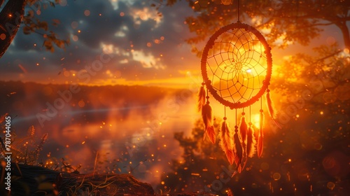 Dream catcher hangs from tree in woods at sunset, under colorful sky photo