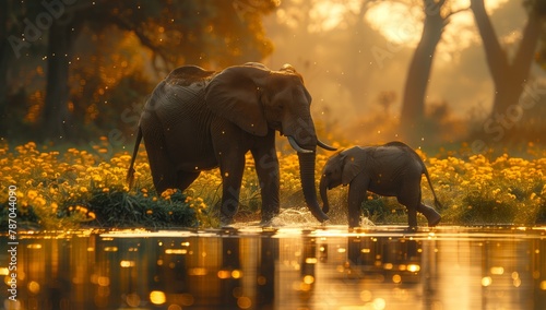 A mother elephant and her baby are quenching their thirst by drinking water from a river, surrounded by lush green grass and a beautiful natural landscape photo
