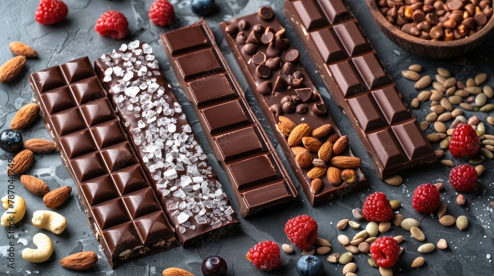 Chocolate bars with a variety of toppings, nuts, sea salt, berries. Generative AI. Chocolate bars with a variety of toppings, nuts, sea salt, berries. Generative AI.