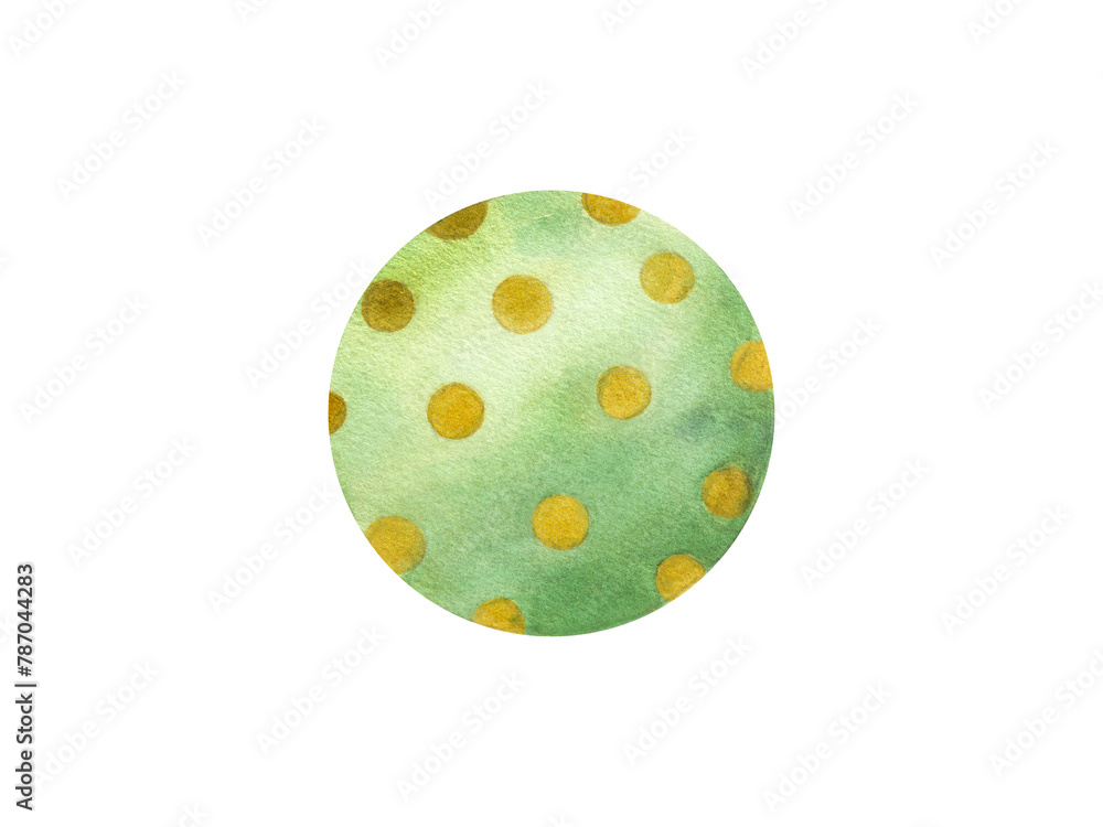 Kid green Ball in yellow dots. Rubber balls for beach volleyball, child play and water games. Watercolor illustration of beachball of beachball. Use for poster, sticker, print Kid green Ball in yellow dots. Rubber balls for beach volleyball, child play and water games. Watercolor illustration of beachball of beachball. Use for poster, sticker, print
