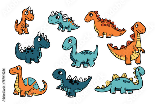 A collection of cartoon dinosaurs with different colors and sizes