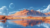 Endless desert, an oasis lake with grass and trees, surreal art, little man leads a camel beside an oasis lake