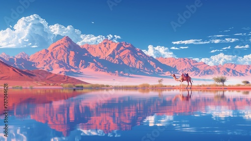 Endless desert, an oasis lake with grass and trees, surreal art, little man leads a camel beside an oasis lake © ARTenyo