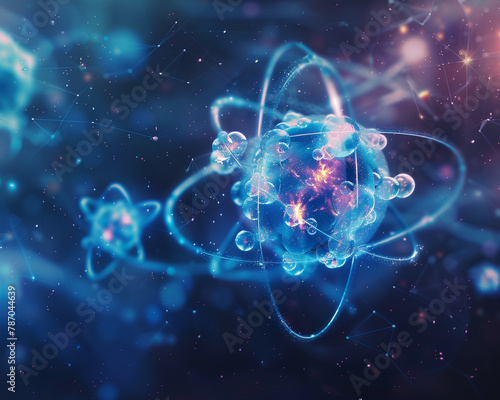 An illustration of an atom with a glowing nucleus and electrons orbiting it.