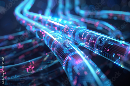 Illustration of glowing blue and purple digital data cables carrying binary code. photo