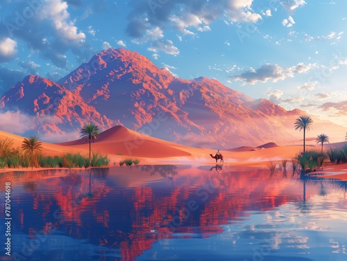 Endless desert, an oasis lake with grass and trees, surreal art, little man leads a camel beside an oasis lake