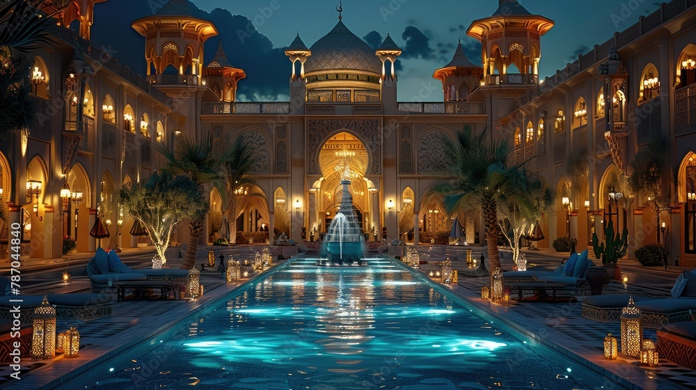 Obraz premium Luxury tents in the courtyard of an Arabian palace by night, a fountain in the middle. Generative AI.