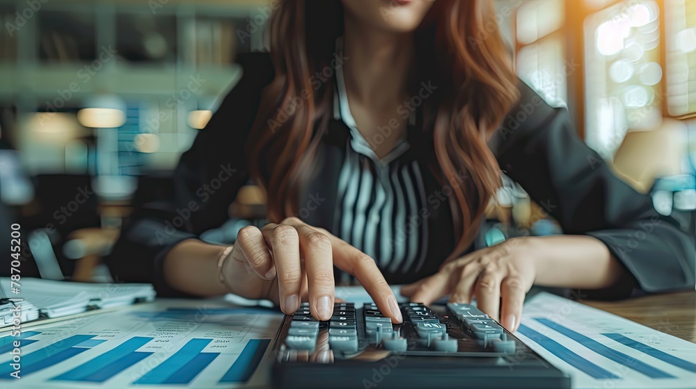 Fototapeta premium Business and finance concept Business woman using calculator to calculate business data at office, Generative AI