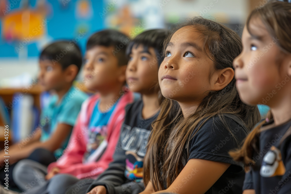 Elementary school students sit attentively, vocalizing vowel sounds with curiosity and concentration, actively participating in their language learning journey. Elementary school students sit attentively, vocalizing vowel sounds with curiosity and concentration, actively participating in their language learning journey.