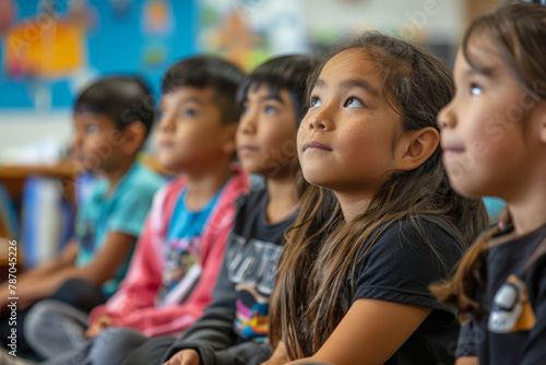 Elementary school students sit attentively, vocalizing vowel sounds with curiosity and concentration, actively participating in their language learning journey. photo