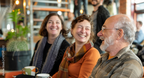 Enjoying a coffee break in a relaxed co-working space, colleagues share laughter and conversation.