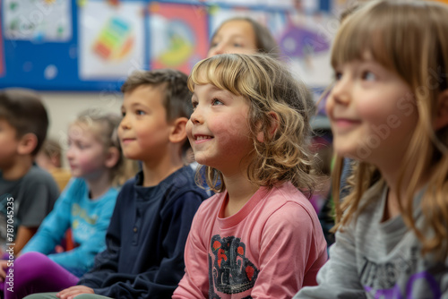 Elementary school students sit attentively, vocalizing vowel sounds with curiosity and concentration, actively participating in their language learning journey. photo