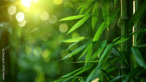 Lush bamboo forest, sun on bamboo, close-up, bokeh effect