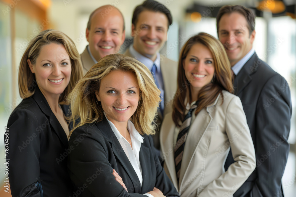 The members of a successful business team pose together in the office, wearing smiles and making eye contact with the camera. The members of a successful business team pose together in the office, wearing smiles and making eye contact with the camera.