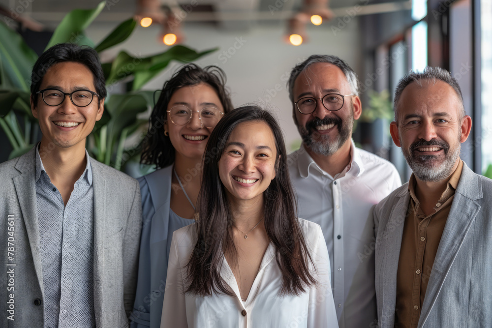Obraz premium The members of a successful business team pose together in the office, wearing smiles and making eye contact with the camera.