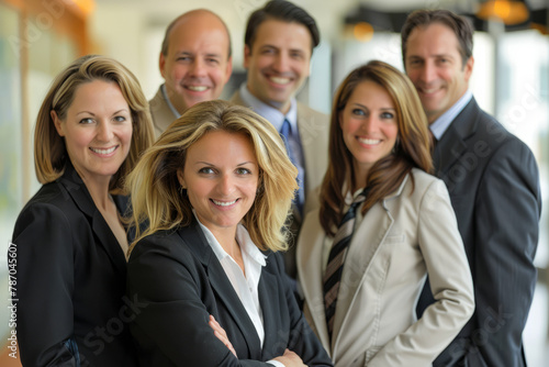 The members of a successful business team pose together in the office, wearing smiles and making eye contact with the camera.