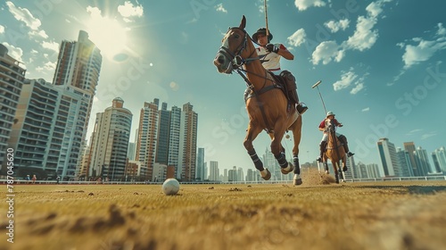 Low angle action shot of a polo ball being hit in a polo match. City buildings at the background. Generative AI.