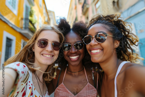 Trio of multicultural young women snapping a selfie as they wander along the urban landscape - Smiling faces of diverse females posing outdoors