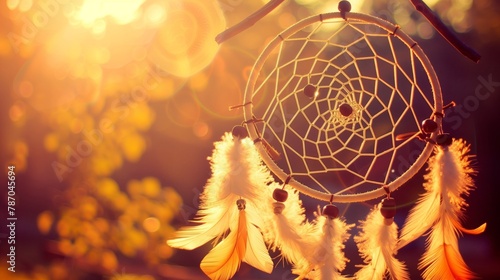 Macro photography of dream catcher with feathers hanging from a tree