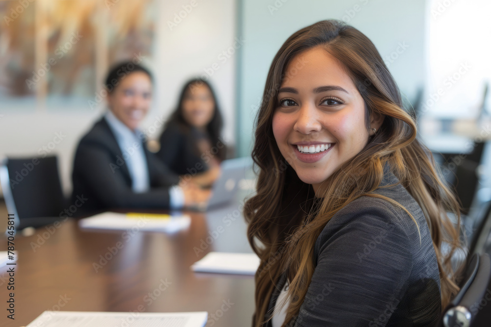 With assurance, a young Latina female entrepreneur smiles confidently in a professional office boardroom meeting, showcasing her leadership and vision. With assurance, a young Latina female entrepreneur smiles confidently in a professional office boardroom meeting, showcasing her leadership and vision.