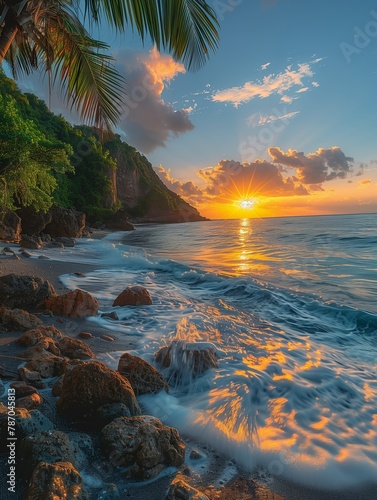 Beach at sunrise, tropical island with jungle trees and rocks in background