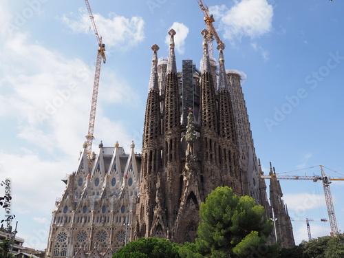 Scenic cathedral under construction in city of Barcelona in Spain