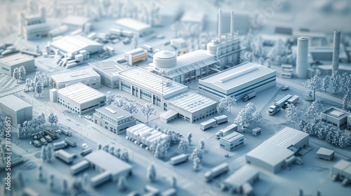 A big supply chain with different types of transportation, big warehouses, high office buildings, parcel carriers, in 3d style with white material. Aerial high view. Generative AI. photo