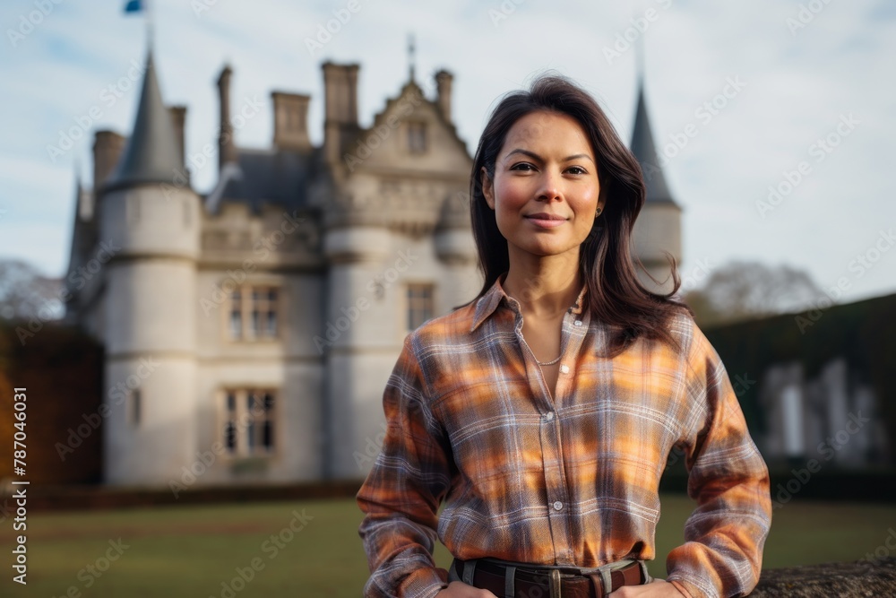 Portrait of a content indian woman in her 40s dressed in a relaxed flannel shirt in front of backdrop of a grand castle