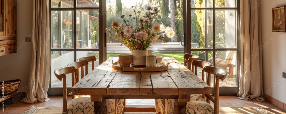 A large wooden dining table with a vase of flowers on it. The table is surrounded by chairs and a rug. The room has a warm and inviting atmosphere