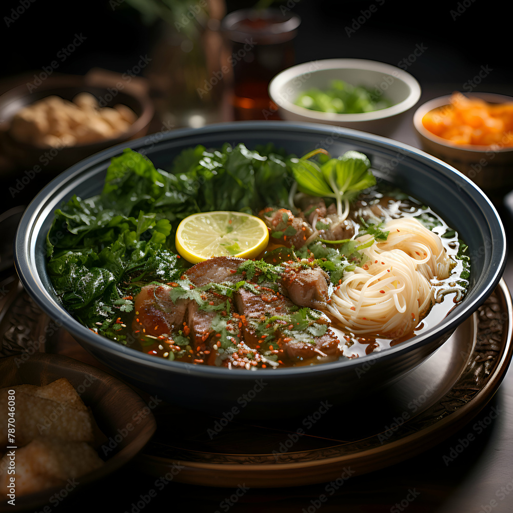 Bowl of noodle soup with beef and vegetables on dark background