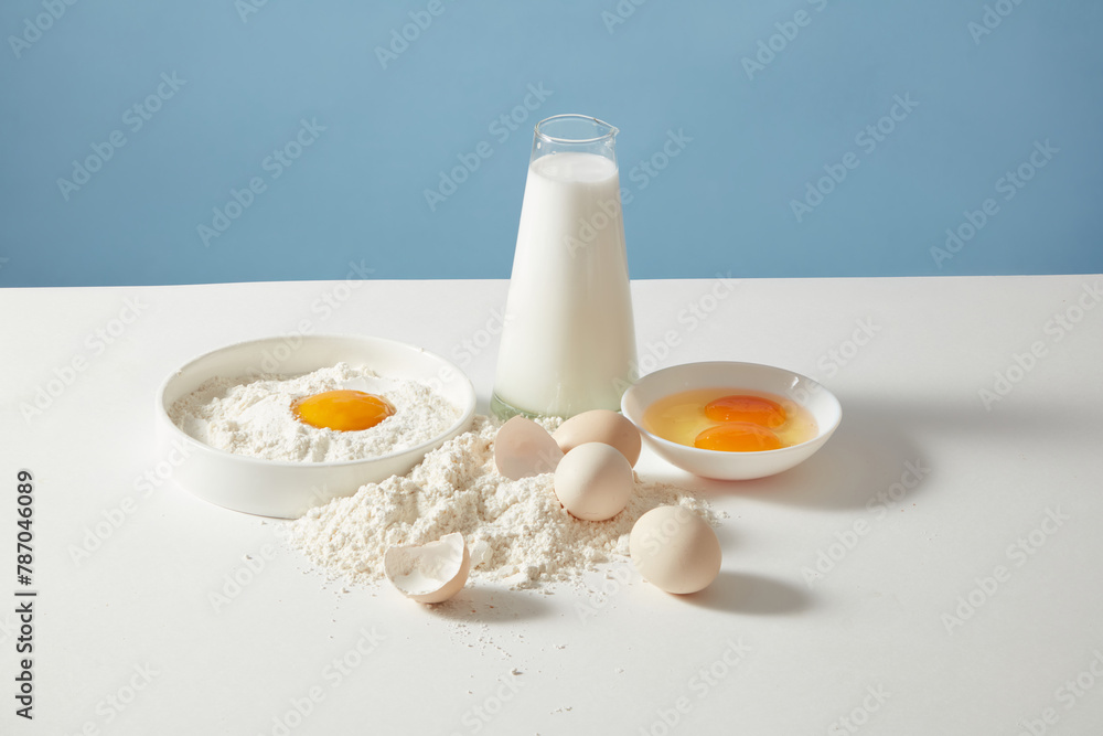 Minimalist layout about cooking on blue background including milk, egg and flour in center of photo. Blank space for presentation, front view Minimalist layout about cooking on blue background including milk, egg and flour in center of photo. Blank space for presentation, front view