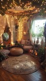 A small room with a round rug and a mirror. The room is decorated with plants and lights