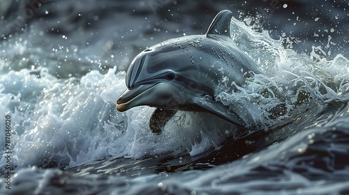 A Bottlenose dolphin is leaping out of the liquid environment photo