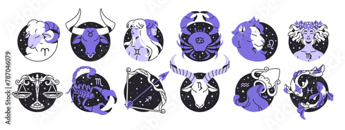 Zodiac signs, round icons of stars horoscope set. Astrology symbols: Aries, Capricorn, Taurus, Libra, Scorpio, Aquarius. Twelve constellations' avatars. Flat isolated vector illustration on white