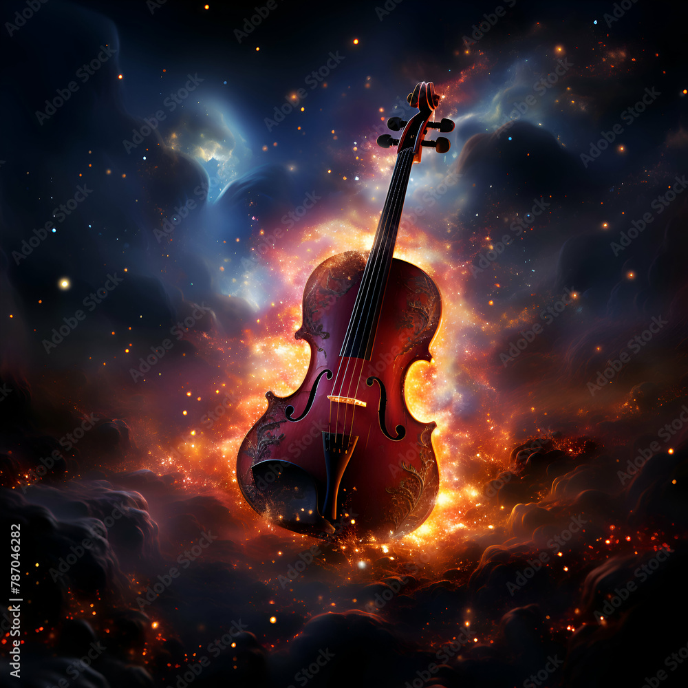 Violin in the dark sky with fire and stars. 3d illustration
