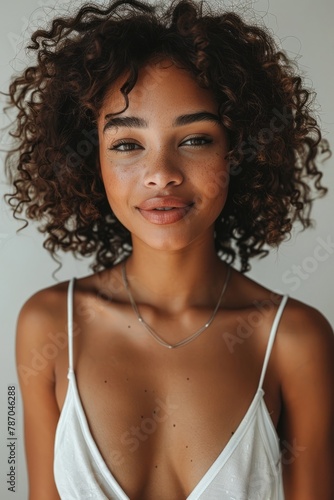  A beautiful mixed race model with curly hair, smiling and posing in front of the camera wearing a denim vest top, hands behind her head against a white background in a studio photography setting with