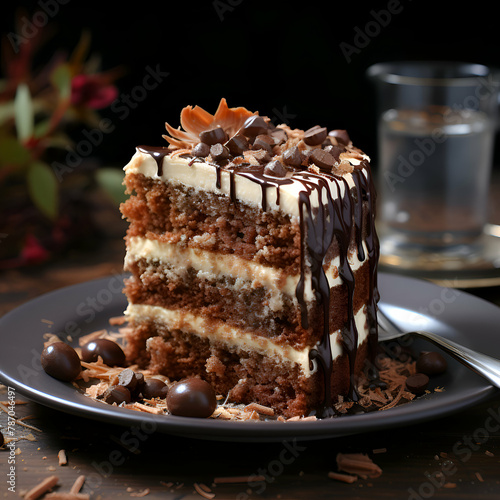 Tiramisu cake with chocolate glaze on a dark background