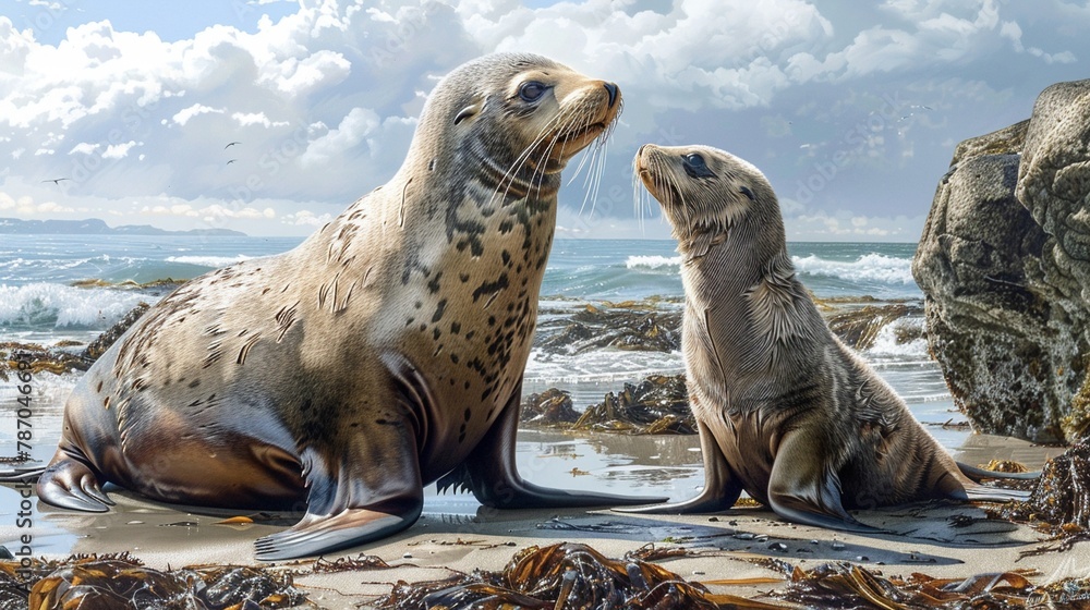 Fototapeta premium Realistic drawing of a sea lion cub and its mother on a beach, their peaceful interaction beautifully depicted against the coastal landscape