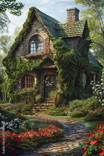 A painting showcasing a charming cottage adorned with ivy, surrounded by a vibrant garden filled with colorful flowers.