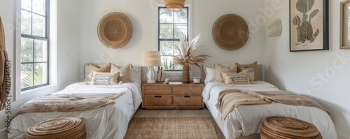 A bedroom with two beds and a wooden dresser. The room has a rustic and cozy feel with the use of woven baskets and a rug