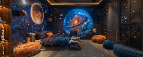 A bedroom with a mural of the solar system on the wall. The room has a cozy and inviting atmosphere, with a bed, pillows, and a television. The mural of the solar system adds a unique photo