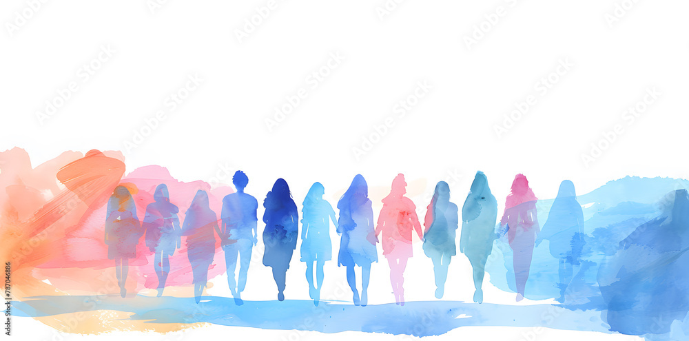 Group of people silhouettes standing together in the style of rainbow colors watercolor illustration with colorful drops and splash Group of people silhouettes standing together in the style of rainbow colors watercolor illustration with colorful drops and splash