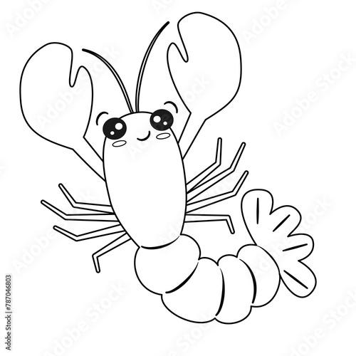 Cute hand drawn black and white cartoon character lobster funny vector illustration isolated on white background for coloring art