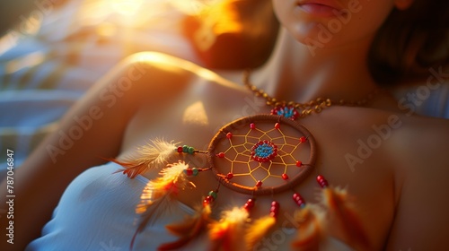 a woman is wearing a necklace with a dream catcher on her chest